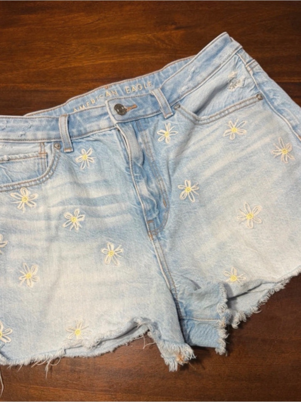 American Eagle Outfitters Light Blue Daisy-Embroidered Denim Shorts